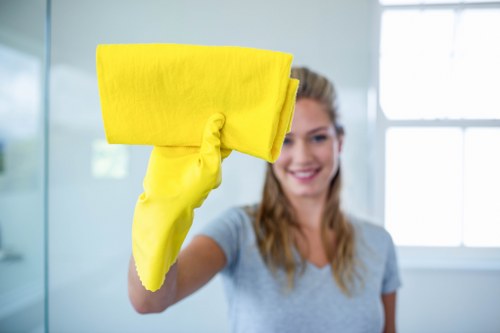 Cleaner reviewing safety checks and risk assessment at a property